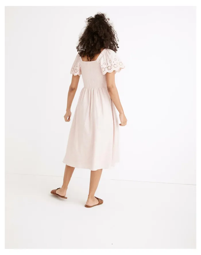 Women Linen Blend Eyelet Sleeve Lucie Smocked Midi Dress Wisteria Dove Madewell Dresses Women Linen Blend Eyelet Sleeve Lucie Smocked Midi Dress Wisteria Dove Madewell Dresses