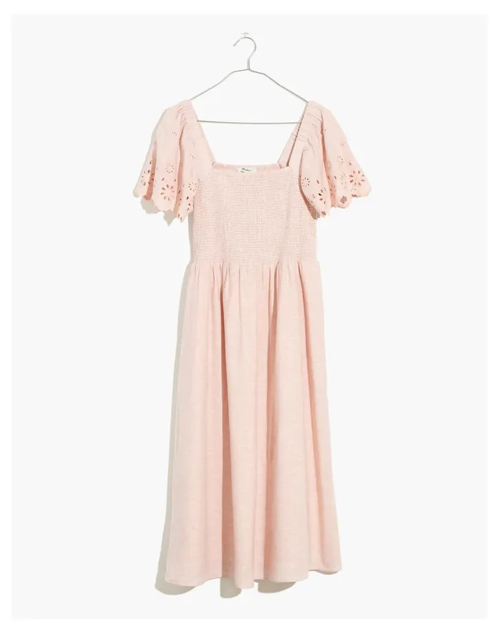 Women Linen Blend Eyelet Sleeve Lucie Smocked Midi Dress Wisteria Dove Madewell Dresses Women Linen Blend Eyelet Sleeve Lucie Smocked Midi Dress Wisteria Dove Madewell Dresses
