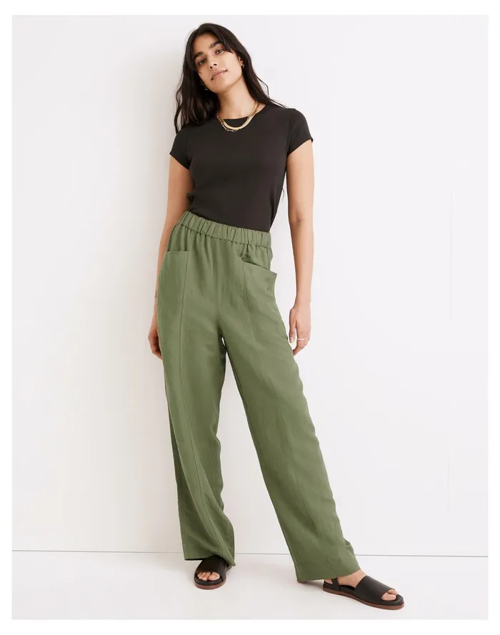 Women Linen Blend Pull On High Rise Wide Leg Pants Vintage Moss Madewell Pants