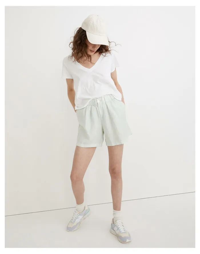 Women Linen Blend Pull On Pleated Shorts Mint Botanical Madewell Shorts