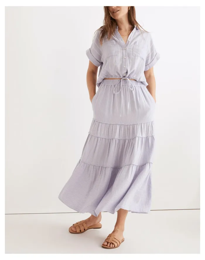 Women Linen Blend Pull On Tiered Maxi Skirt In Stripe Play Distant Lavender Madewell Skirts