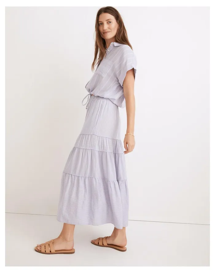 Women Linen Blend Pull On Tiered Maxi Skirt In Stripe Play Distant Lavender Madewell Skirts Women Linen Blend Pull On Tiered Maxi Skirt In Stripe Play Distant Lavender Madewell Skirts