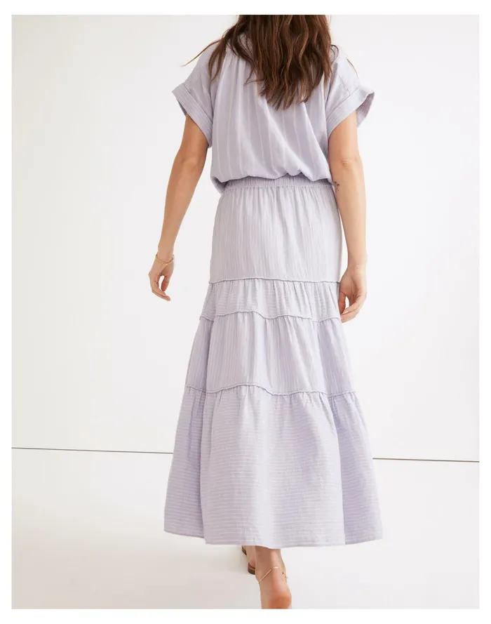 Women Linen Blend Pull On Tiered Maxi Skirt In Stripe Play Distant Lavender Madewell Skirts Women Linen Blend Pull On Tiered Maxi Skirt In Stripe Play Distant Lavender Madewell Skirts