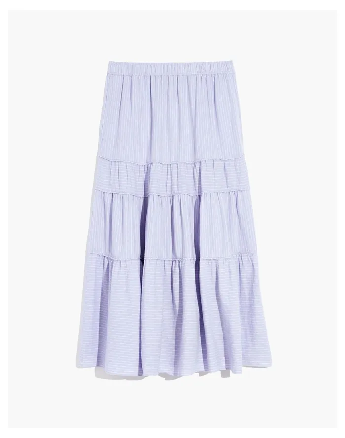 Women Linen Blend Pull On Tiered Maxi Skirt In Stripe Play Distant Lavender Madewell Skirts Women Linen Blend Pull On Tiered Maxi Skirt In Stripe Play Distant Lavender Madewell Skirts