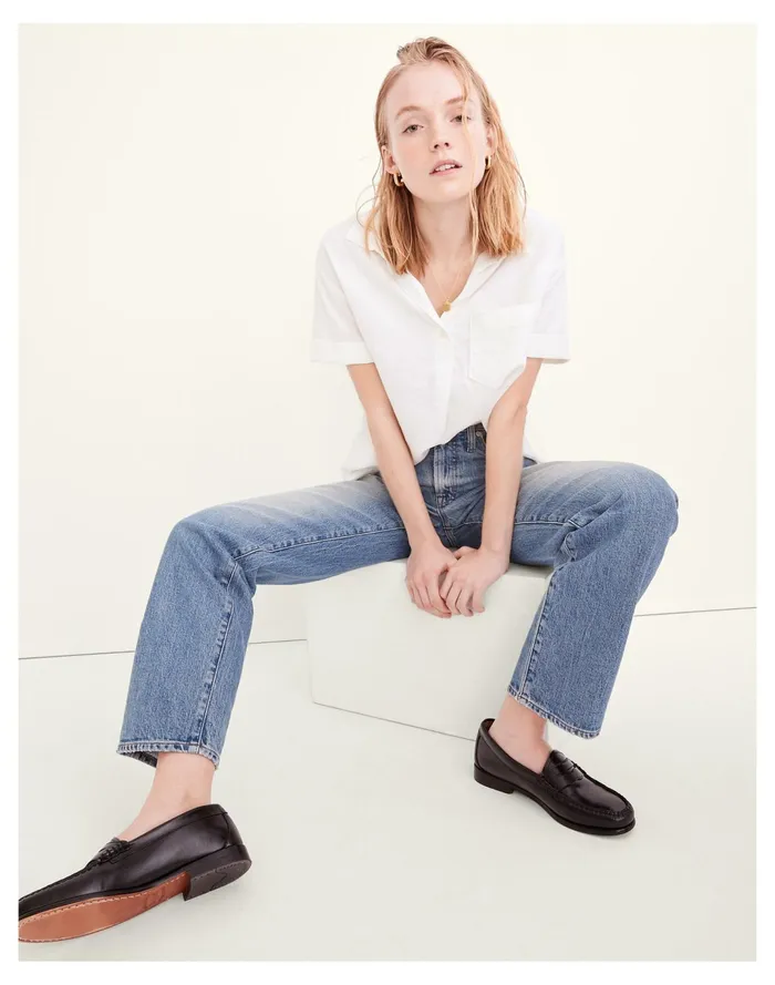 Women Linen Blend Swenson Popover Shirt Eyelet White Madewell Tops and Shirts