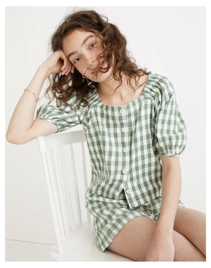 Women Linen Cotton Square Neck Button Front Top In Gingham Check Versailles Green Madewell Tops and Shirts Women Linen Cotton Square Neck Button Front Top In Gingham Check Versailles Green Madewell Tops and Shirts