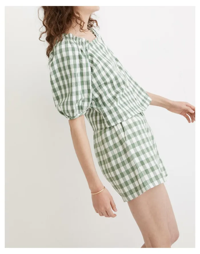 Women Linen Cotton Square Neck Button Front Top In Gingham Check Versailles Green Madewell Tops and Shirts Women Linen Cotton Square Neck Button Front Top In Gingham Check Versailles Green Madewell Tops and Shirts