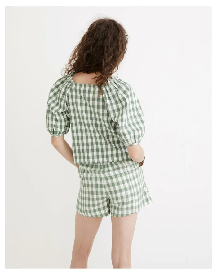 Women Linen Cotton Square Neck Button Front Top In Gingham Check Versailles Green Madewell Tops and Shirts Women Linen Cotton Square Neck Button Front Top In Gingham Check Versailles Green Madewell Tops and Shirts