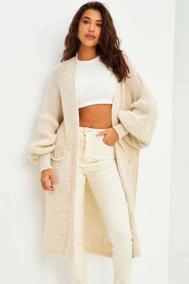 Women Long Open Knitted Cardigan In Beige Beige Brentiny Paris Cardigans