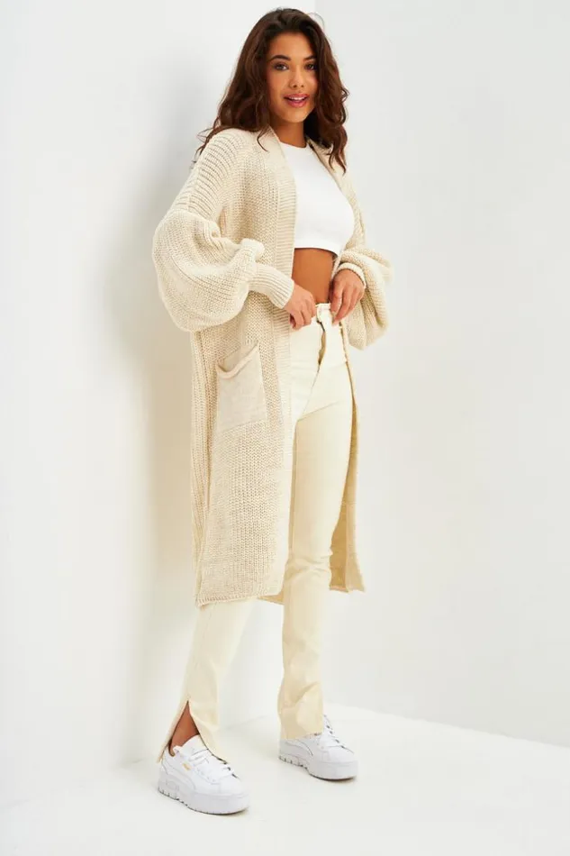 Women Long Open Knitted Cardigan In Beige Beige Brentiny Paris Cardigans