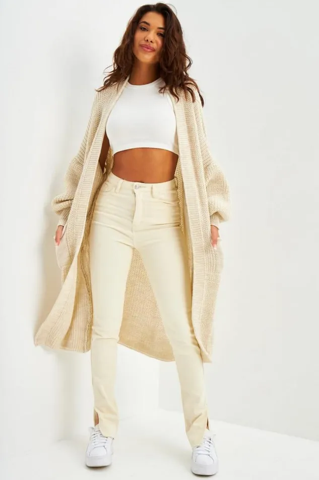 Women Long Open Knitted Cardigan In Beige Beige Brentiny Paris Cardigans