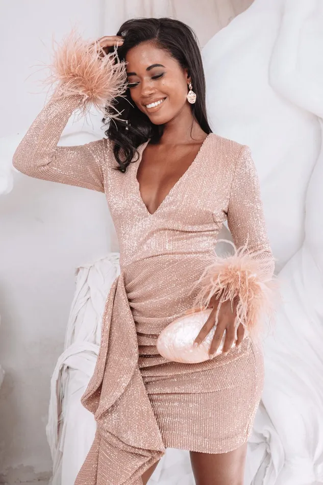 Women LongSleeve Dresses Lavish Alice APHRODITE Draped Skirt Pleated Sequin Mini Dress In Rose Gold Rose Gold