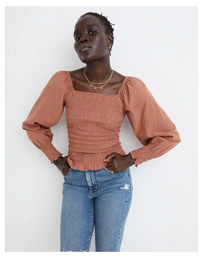 Women Lucie Bubble Sleeve Smocked Top Warm Umber Madewell Tops and Shirts