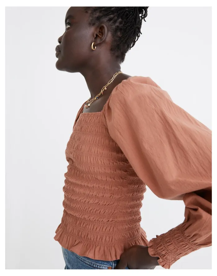 Women Lucie Bubble Sleeve Smocked Top Warm Umber Madewell Tops and Shirts Women Lucie Bubble Sleeve Smocked Top Warm Umber Madewell Tops and Shirts