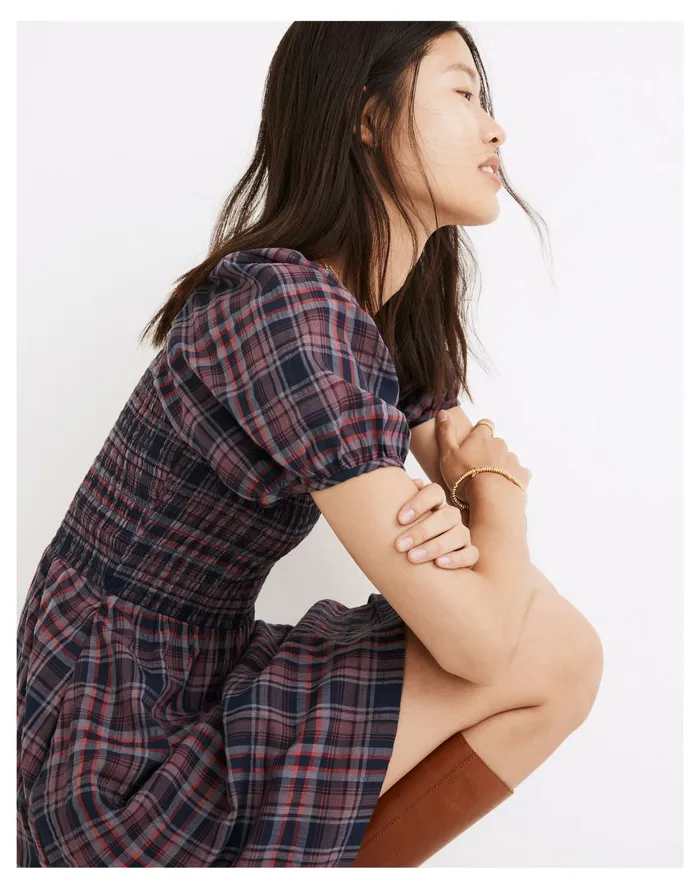 Women Lucie Puff Sleeve Smocked Mini Dress In Rockfern Plaid Purple Night Madewell Dresses Women Lucie Puff Sleeve Smocked Mini Dress In Rockfern Plaid Purple Night Madewell Dresses