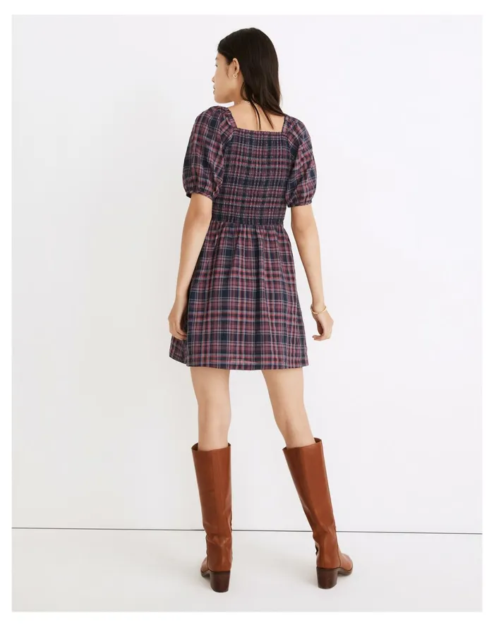 Women Lucie Puff Sleeve Smocked Mini Dress In Rockfern Plaid Purple Night Madewell Dresses Women Lucie Puff Sleeve Smocked Mini Dress In Rockfern Plaid Purple Night Madewell Dresses