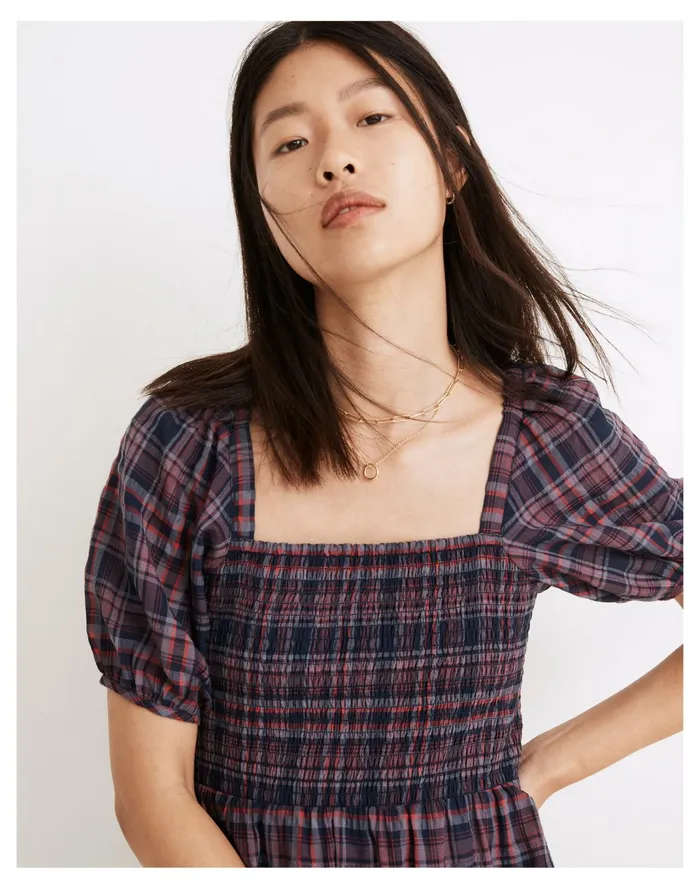 Women Lucie Puff Sleeve Smocked Mini Dress In Rockfern Plaid Purple Night Madewell Dresses Women Lucie Puff Sleeve Smocked Mini Dress In Rockfern Plaid Purple Night Madewell Dresses