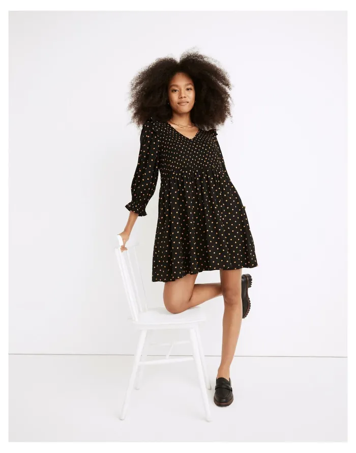 Women Lucie V Neck Smocked Mini Dress In Oval Dot True Black Madewell Dresses