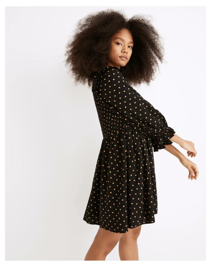 Women Lucie V Neck Smocked Mini Dress In Oval Dot True Black Madewell Dresses Women Lucie V Neck Smocked Mini Dress In Oval Dot True Black Madewell Dresses