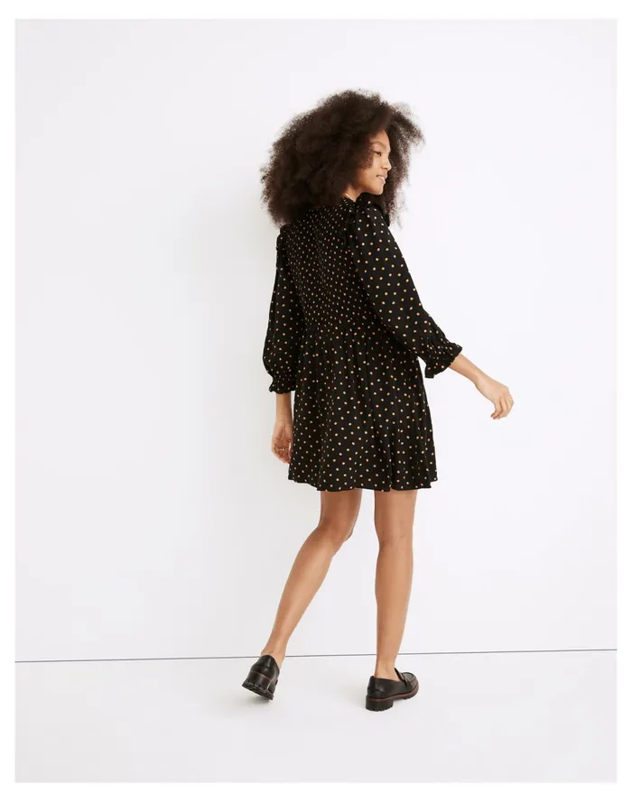 Women Lucie V Neck Smocked Mini Dress In Oval Dot True Black Madewell Dresses Women Lucie V Neck Smocked Mini Dress In Oval Dot True Black Madewell Dresses