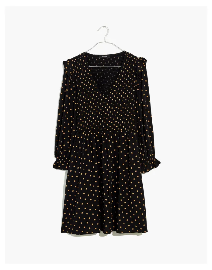 Women Lucie V Neck Smocked Mini Dress In Oval Dot True Black Madewell Dresses Women Lucie V Neck Smocked Mini Dress In Oval Dot True Black Madewell Dresses
