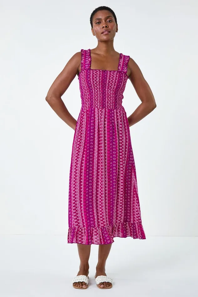 Women Magenta Abstract Stripe Shirred Bodice Midi Dress Roman Dresses