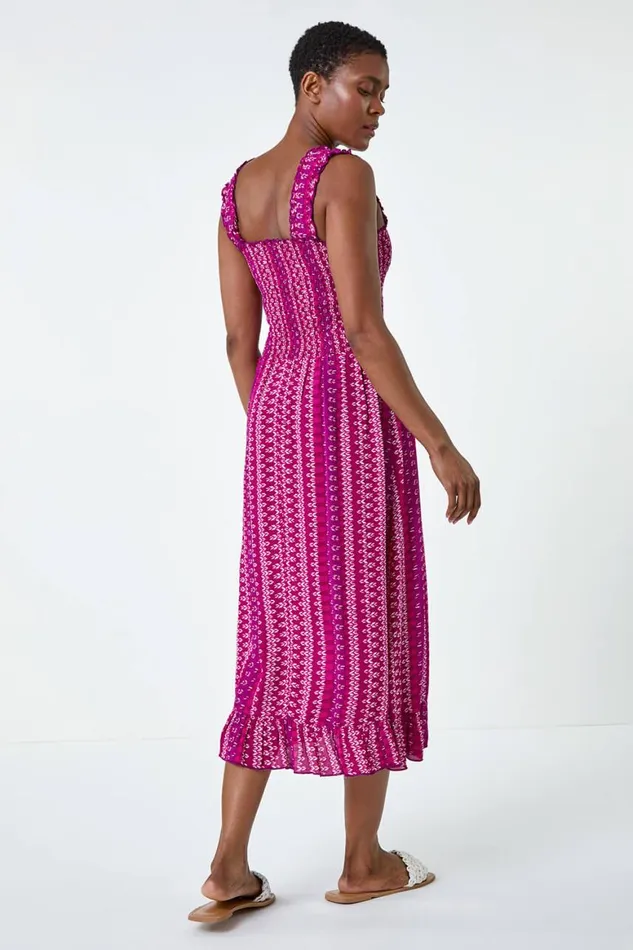 Women Magenta Abstract Stripe Shirred Bodice Midi Dress Roman Dresses