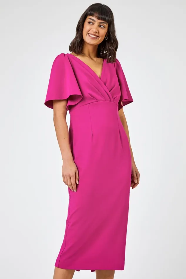 Women Magenta Gathered Wrap Front Midi Dress Roman Dresses