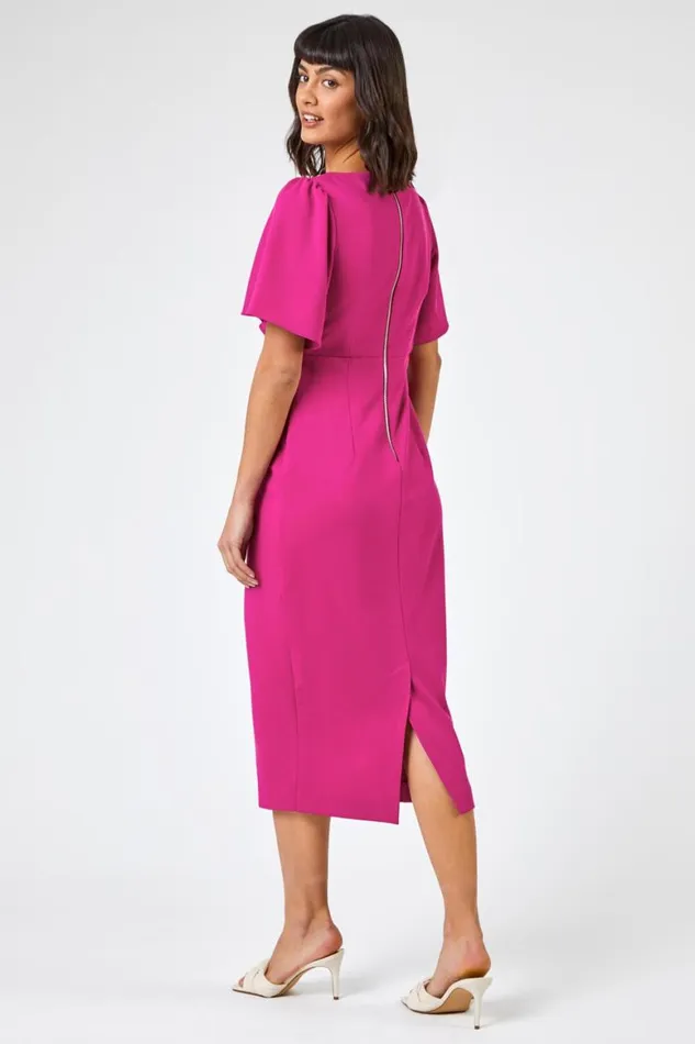 Women Magenta Gathered Wrap Front Midi Dress Roman Dresses