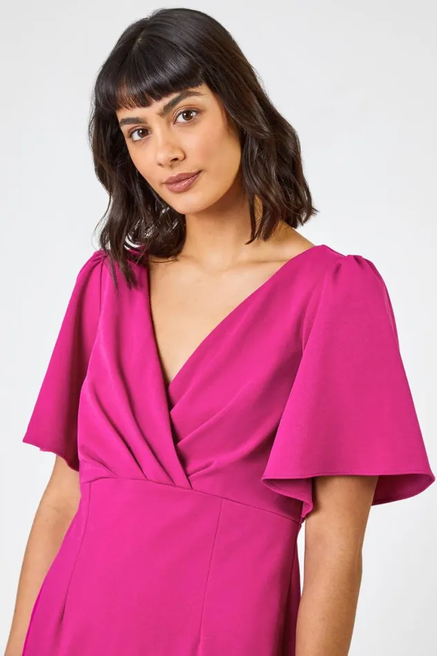 Women Magenta Gathered Wrap Front Midi Dress Roman Dresses