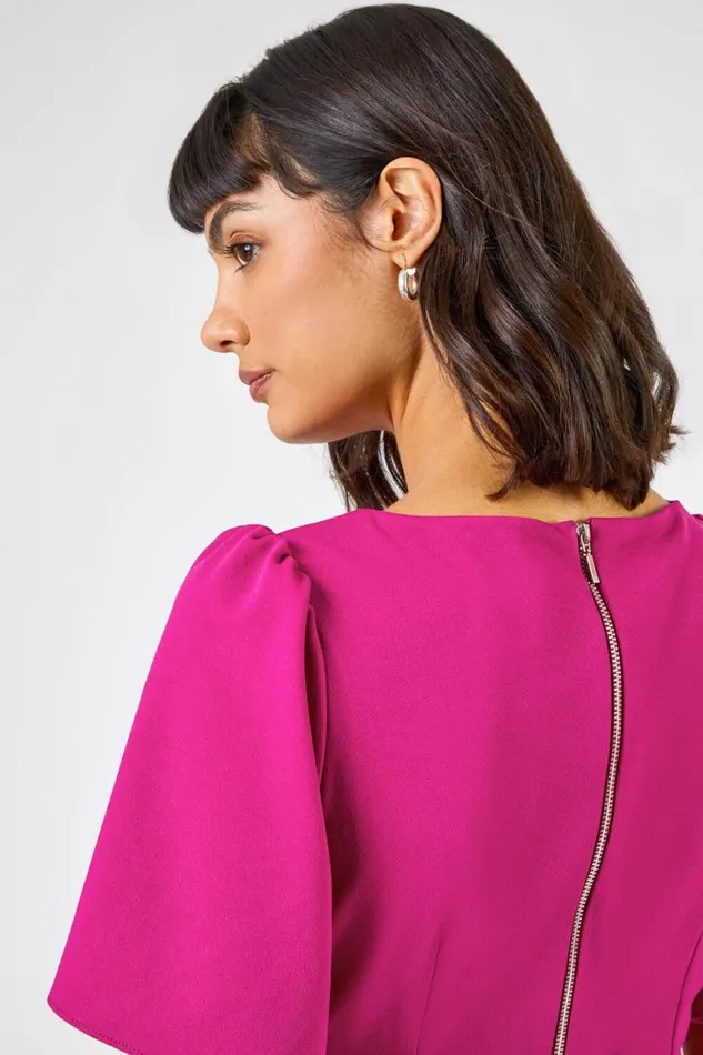Women Magenta Gathered Wrap Front Midi Dress Roman Dresses
