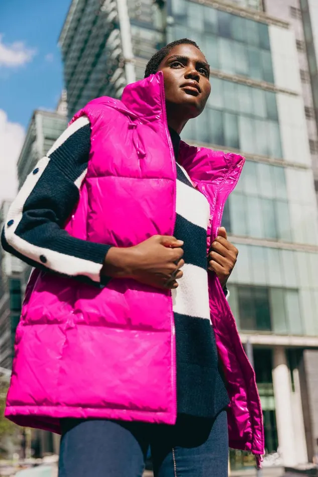 Women Magenta Patent Hooded Gilet Roman Coats