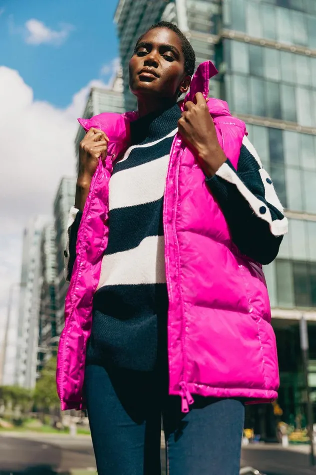 Women Magenta Patent Hooded Gilet Roman Coats