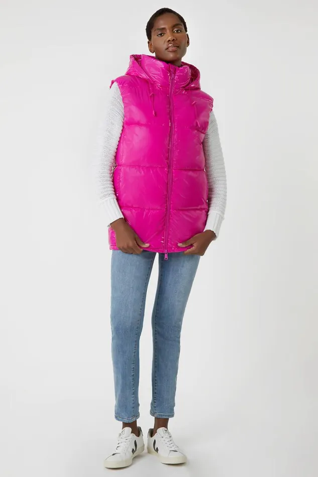 Women Magenta Patent Hooded Gilet Roman Coats