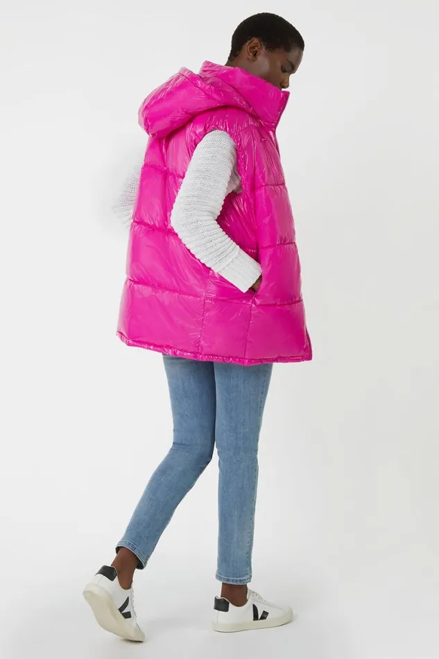 Women Magenta Patent Hooded Gilet Roman Coats