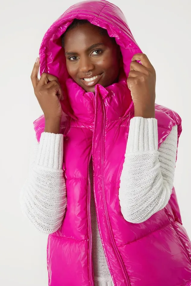 Women Magenta Patent Hooded Gilet Roman Coats