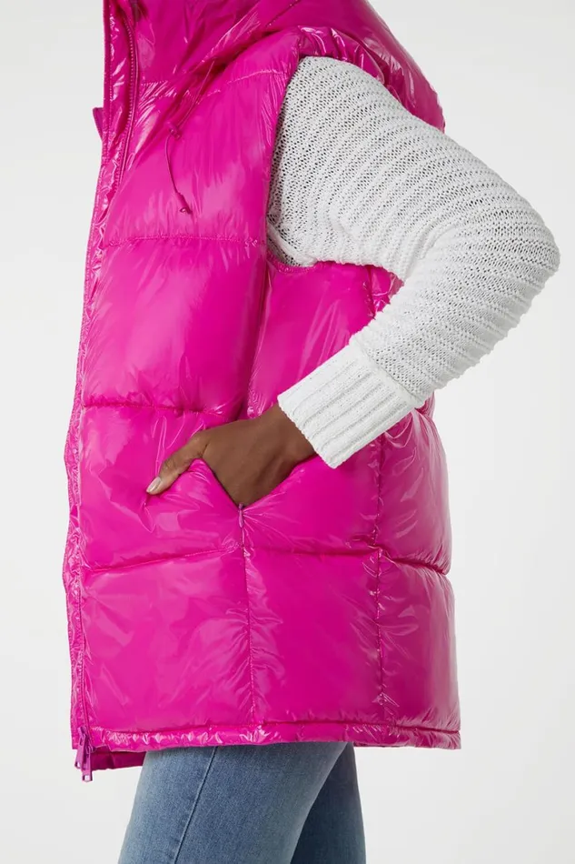 Women Magenta Patent Hooded Gilet Roman Coats