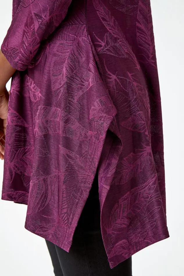 Women Magenta Textured Leaf Print VNeck Tunic Stretch Top Roman Tops
