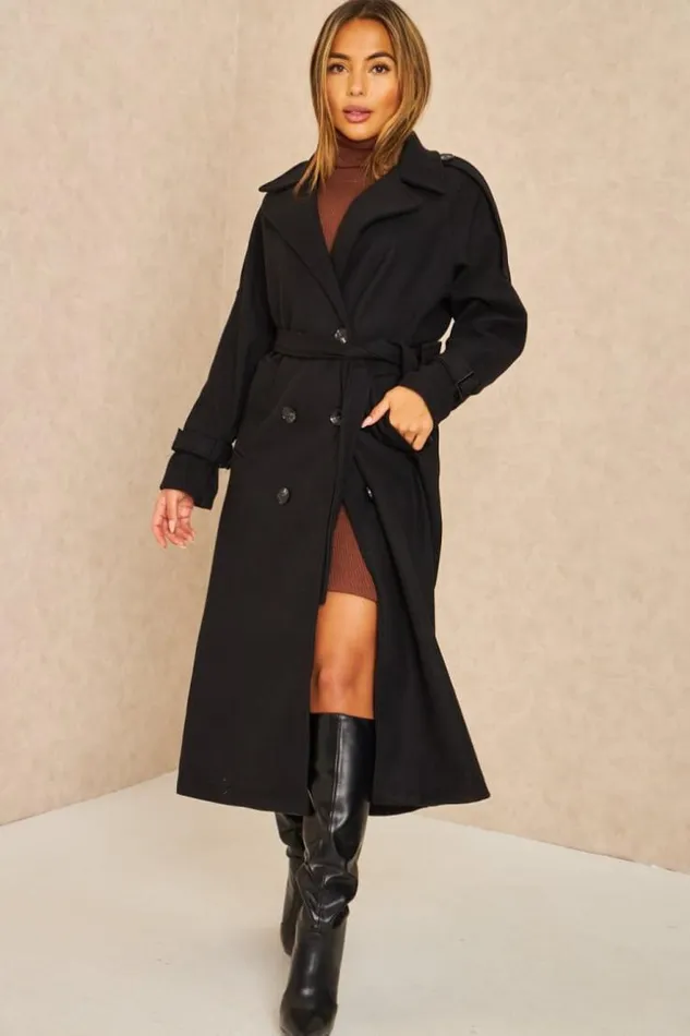 Women Manteau Long Duveteux Style Trench Noir Black Brentiny Paris Coats