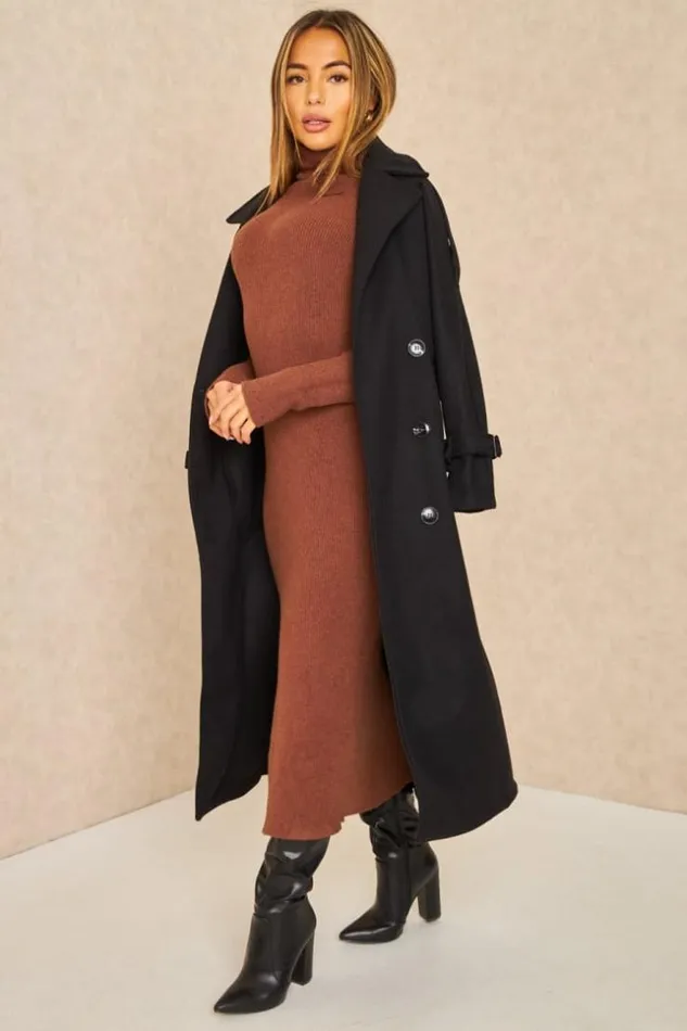 Women Manteau Long Duveteux Style Trench Noir Black Brentiny Paris Coats