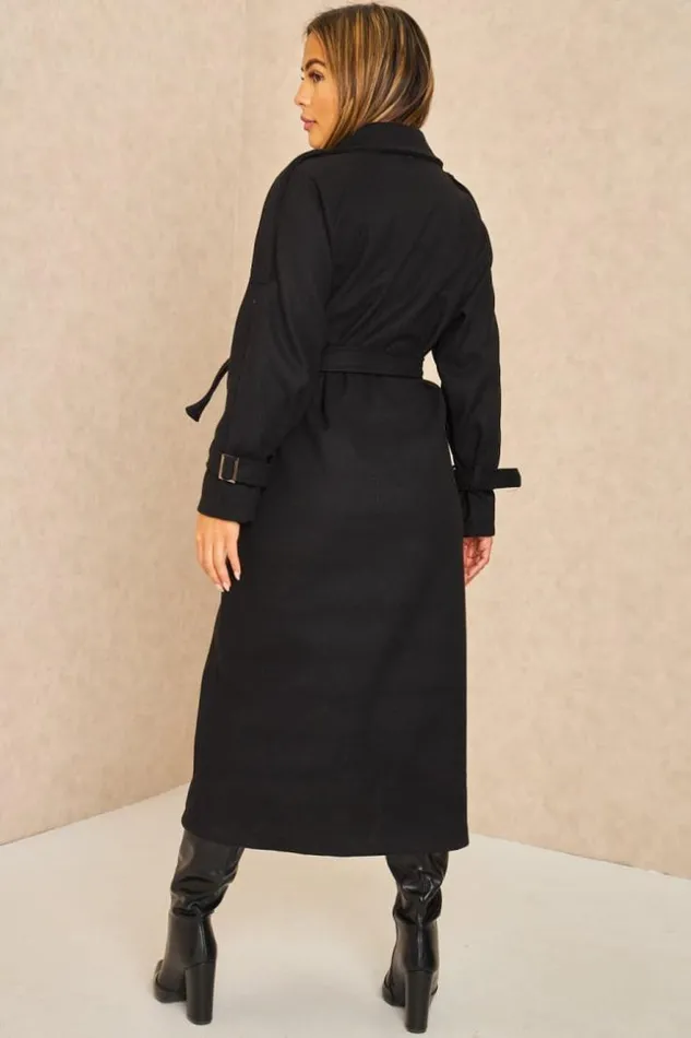 Women Manteau Long Duveteux Style Trench Noir Black Brentiny Paris Coats