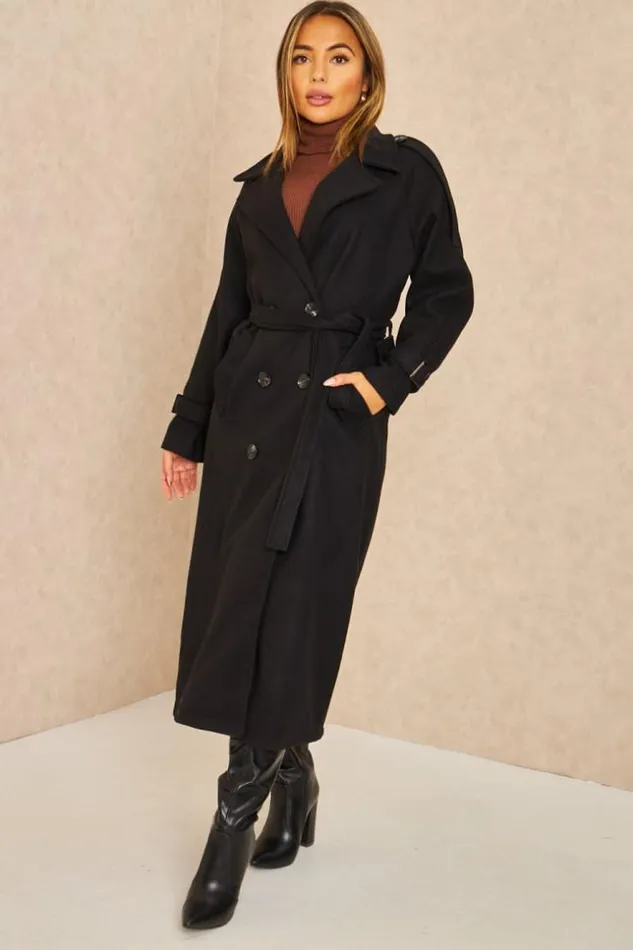 Women Manteau Long Duveteux Style Trench Noir Black Brentiny Paris Coats