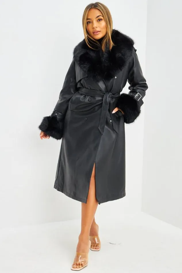 Women Manteau Long En Simili Cuir Noir Et Fourrure Black Brentiny Paris Coats