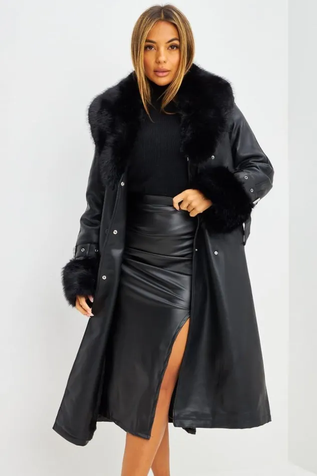 Women Manteau Long En Simili Cuir Noir Et Fourrure Black Brentiny Paris Coats Women Manteau Long En Simili Cuir Noir Et Fourrure Black Brentiny Paris Coats