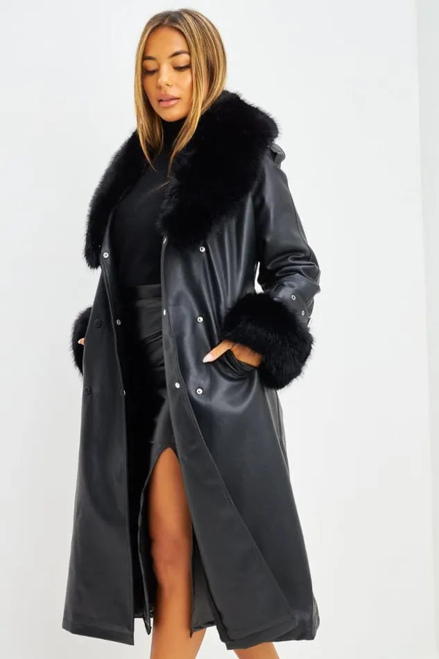 Women Manteau Long En Simili Cuir Noir Et Fourrure Black Brentiny Paris Coats Women Manteau Long En Simili Cuir Noir Et Fourrure Black Brentiny Paris Coats