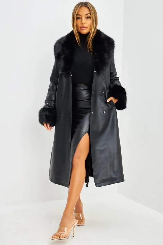 Women Manteau Long En Simili Cuir Noir Et Fourrure Black Brentiny Paris Coats Women Manteau Long En Simili Cuir Noir Et Fourrure Black Brentiny Paris Coats