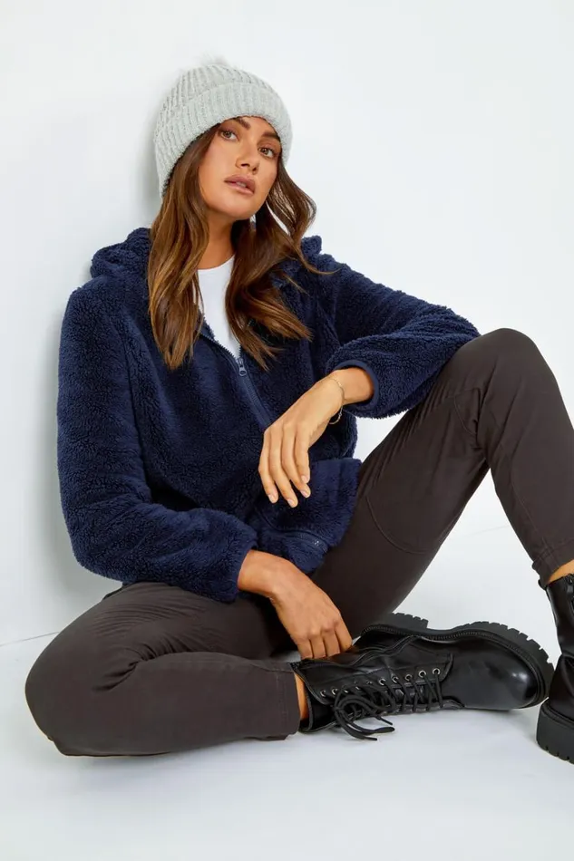 Women Midnight Blue Hooded Sherpa Fleece Jacket Roman Jackets