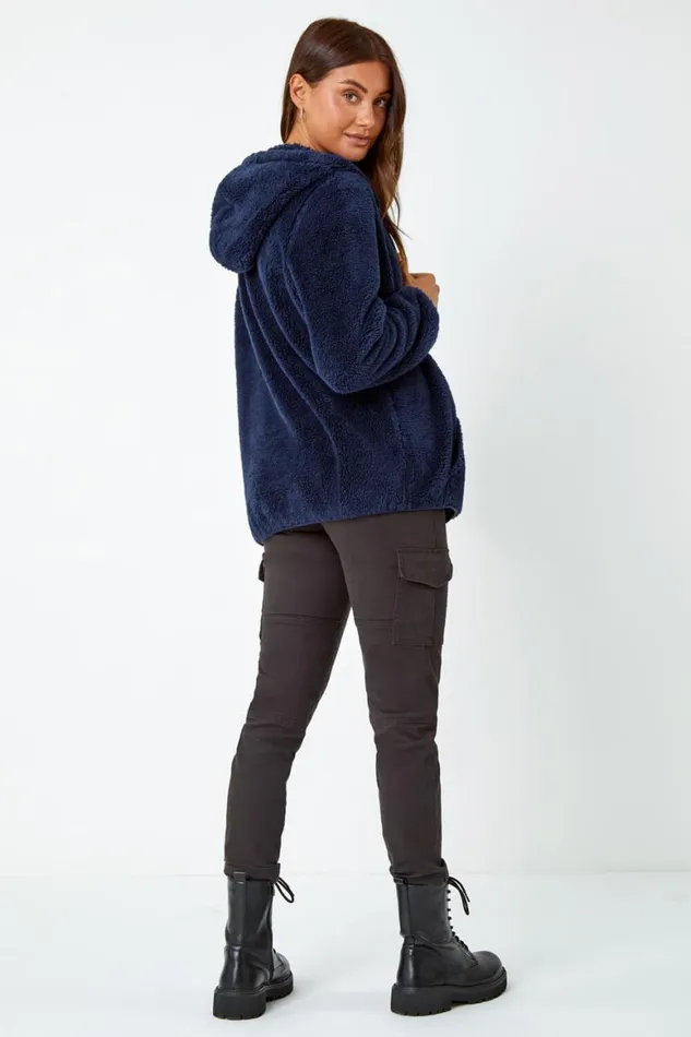 Women Midnight Blue Hooded Sherpa Fleece Jacket Roman Jackets