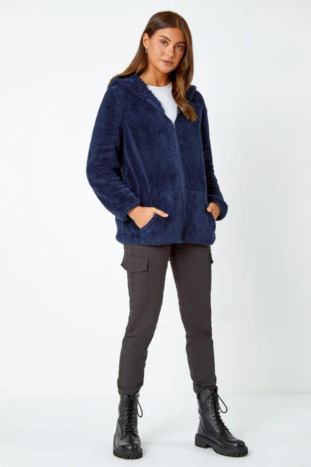 Women Midnight Blue Hooded Sherpa Fleece Jacket Roman Jackets