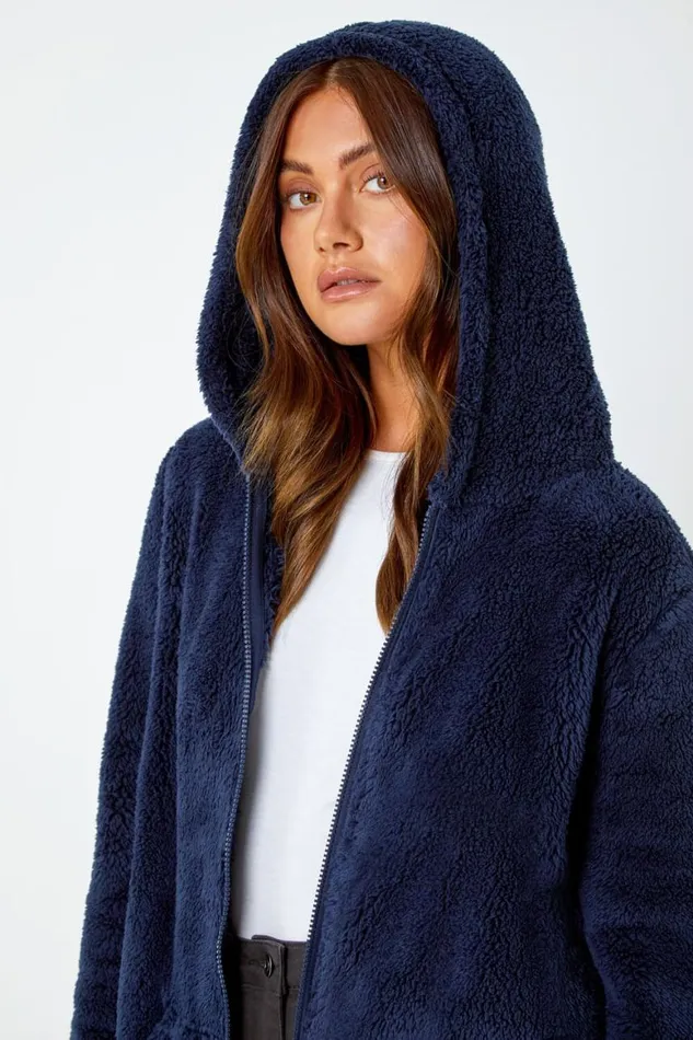 Women Midnight Blue Hooded Sherpa Fleece Jacket Roman Jackets